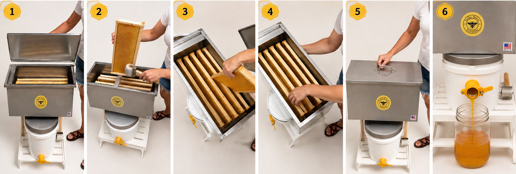 Six steps showing frames loaded into the Hobby Honey Extractor and honey flowing into a jar